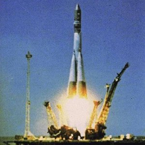 Vostok 1 launch, carrying good ole Yuri into space.