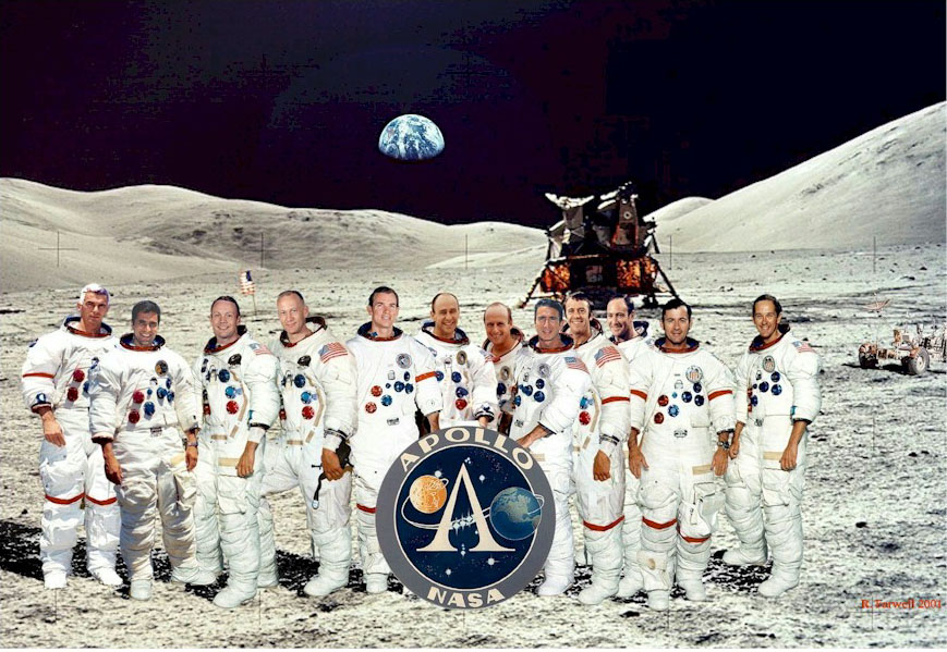 all 12 moonwalkers standing on the moon.