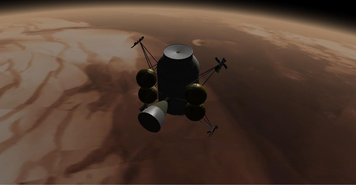 Another model of the MTV, orbiting mars after the MAV segment lifted off the martian surface.