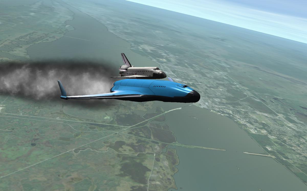 Shuttle Atlantis gets a piggy-back ride from an XR-5 Vanguard.  This XR-5 has been modified by Altea Aerospace to carry the shuttle into orbit.  The p