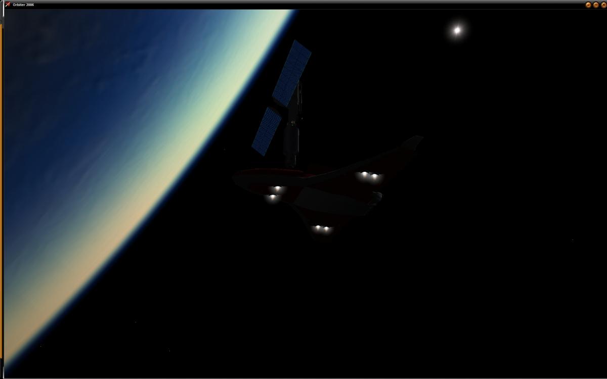 Station reboost in progress.  Low hover thrust and careful use of the autopilots put the station into a 300x400 km orbit, and half an orbit later, a 4